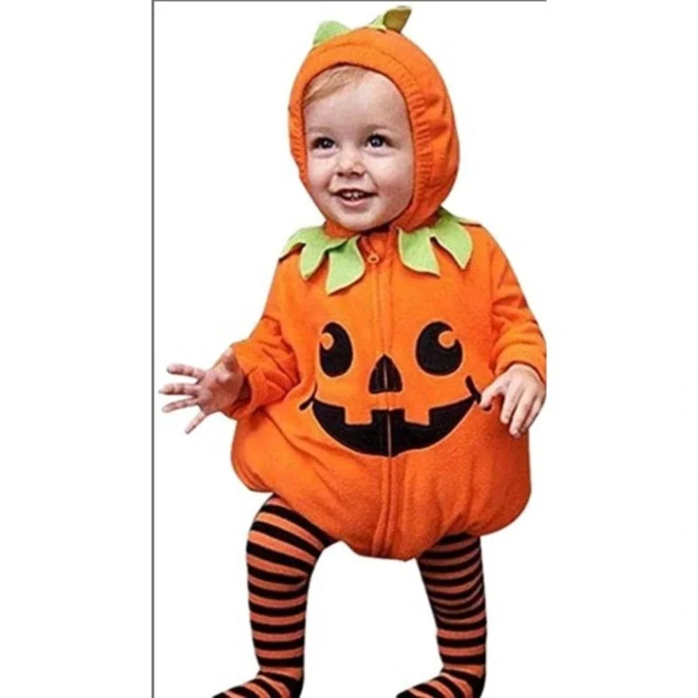 Baby Pumpkin Halloween Outfit 12 18 Mo Hooded Jack-O-Lantern  Black Stripe Pants